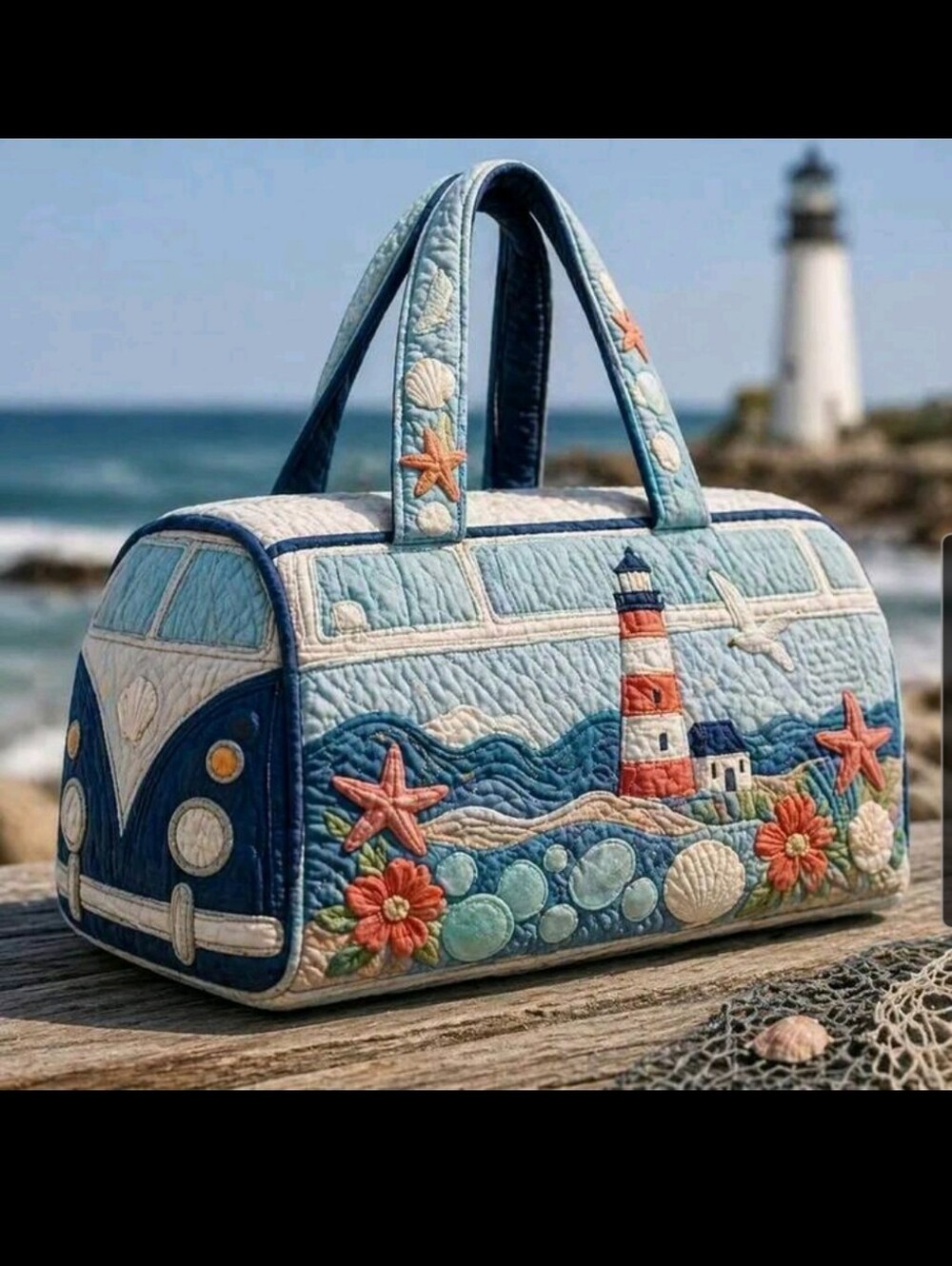 BRAND NEW ** Quilted Nautical Lighthouse Tote Bag in Light Blue